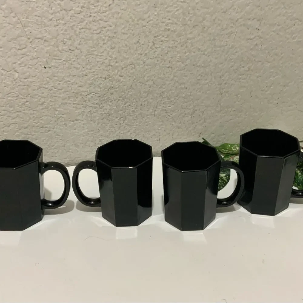 Set 4 ARCOROC Glass BLACK OCTIME Octagon 10oz Coffee MUG Tea CUP France G1